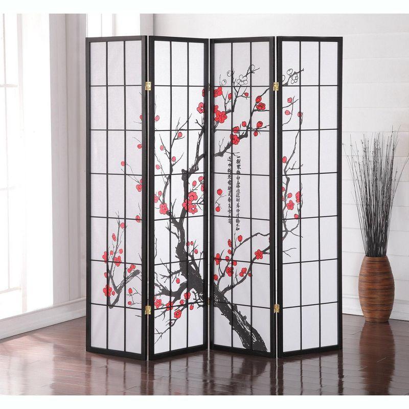 Black and White 4-Panel Shoji Screen with Plum Blossom Design