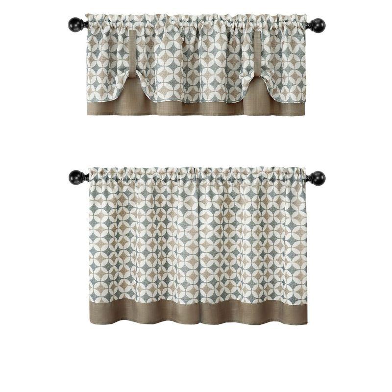 Taupe Geometric Polyester Kitchen Curtain Tier and Valance Set