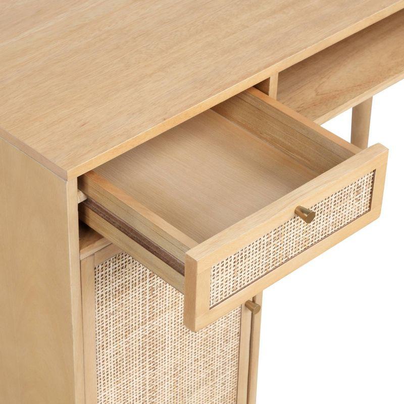 Warm Pine Rattan Desk with Drawer and Storage