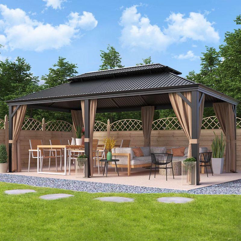 LACOO 20' × 12' Galvanized Aluminum Hardtop Permanent Gazebo with Double Roof, Netting and Curtains