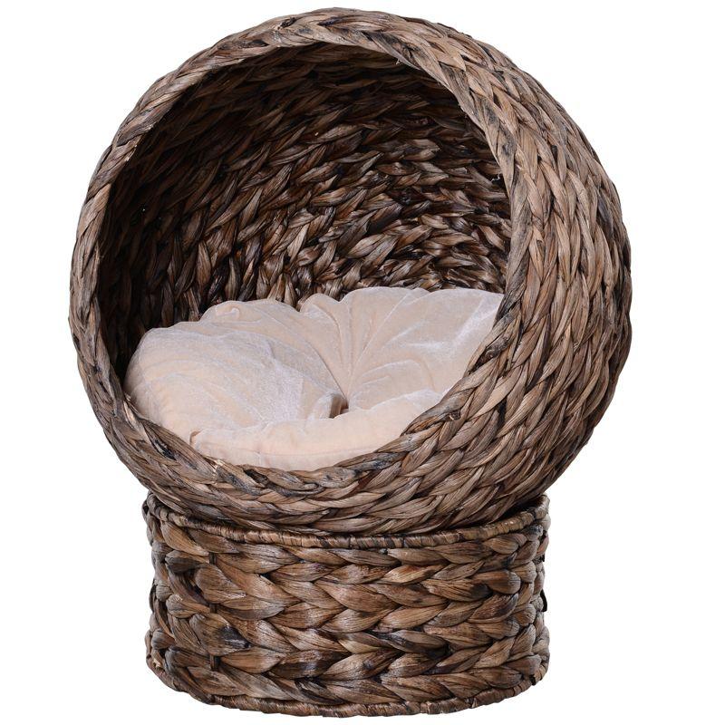 Small Round Dark Brown Wicker Cat Bed with Beige Cushion