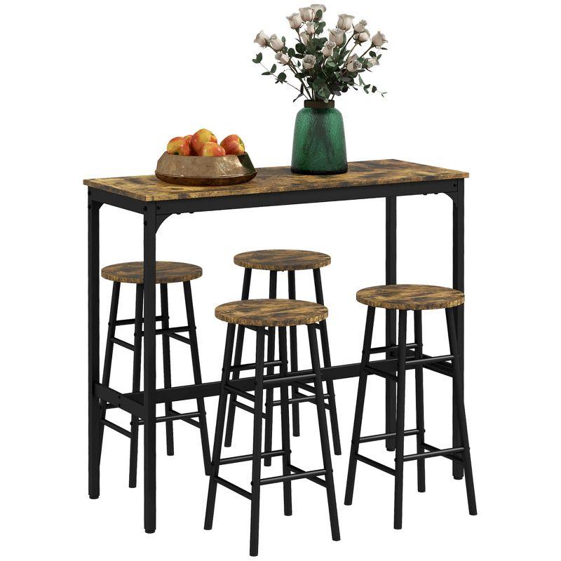 Rustic Brown 5-Piece Pub Table Set with 4 Stools