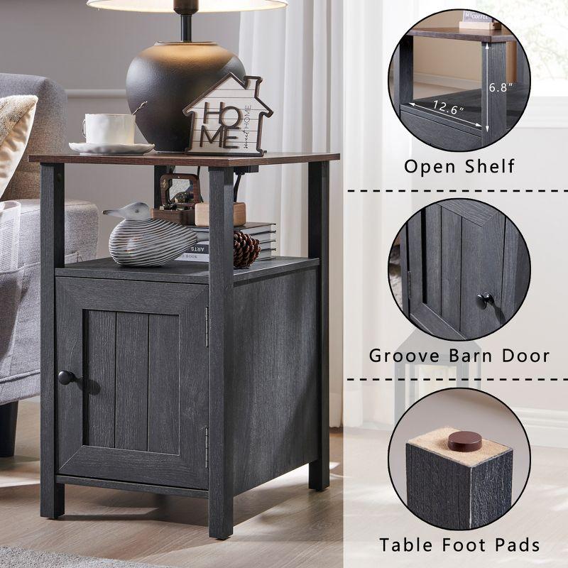 2 PCS Nightstand with Charging Station & Barn Door & Open Shelves，Farmhouse End Table for Bedroom, Living Room, Gray