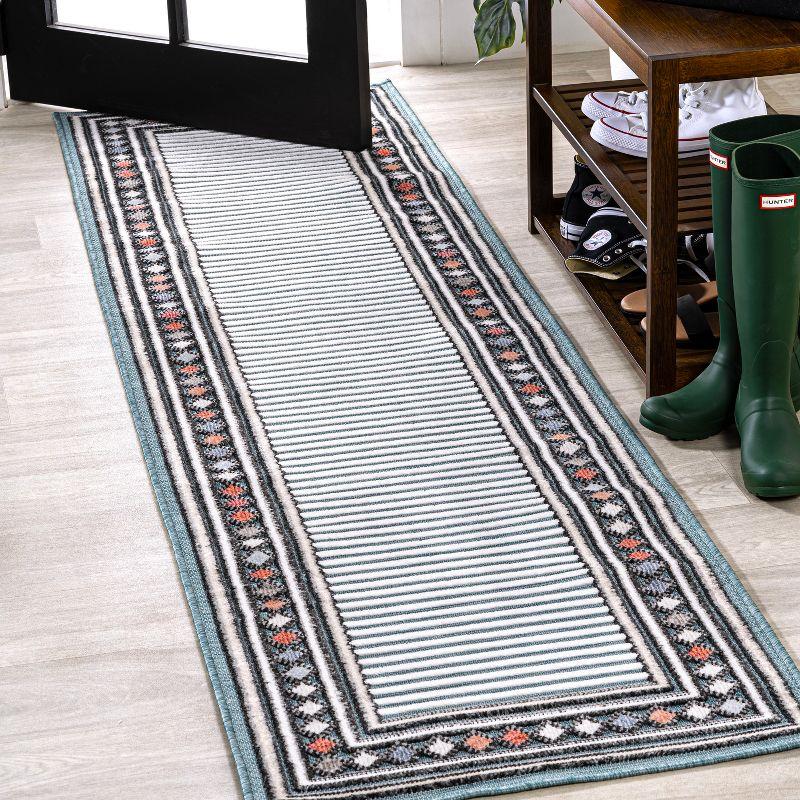 JONATHAN Y Sebastian High-Low Modern Diamond Border Blue/Ivory 2 ft. x 8 ft. Indoor/Outdoor Runner Rug