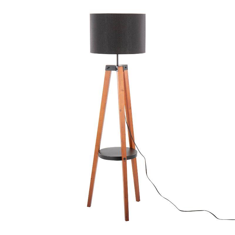 LumiSource Compass Mid-Century Modern Floor Lamp with Shelf in Walnut Wood Black Metal and Black Linen: Angled Legs, UL Listed, 60W