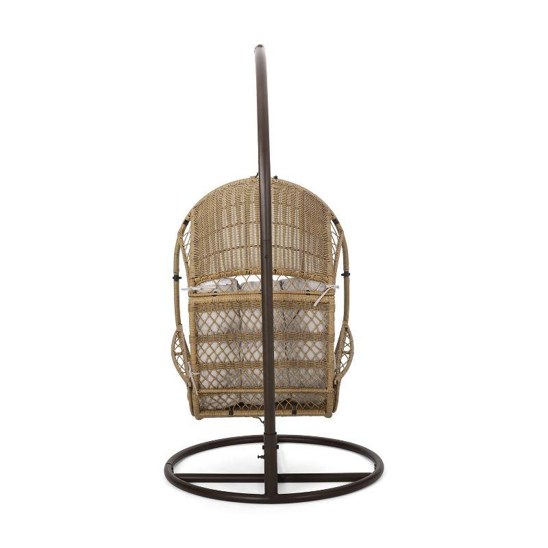 Malia Outdoor Wicker Hanging Chair with Stand Brown/Beige - Christopher Knight Home: Egg Swing with Cushion & Steel Frame