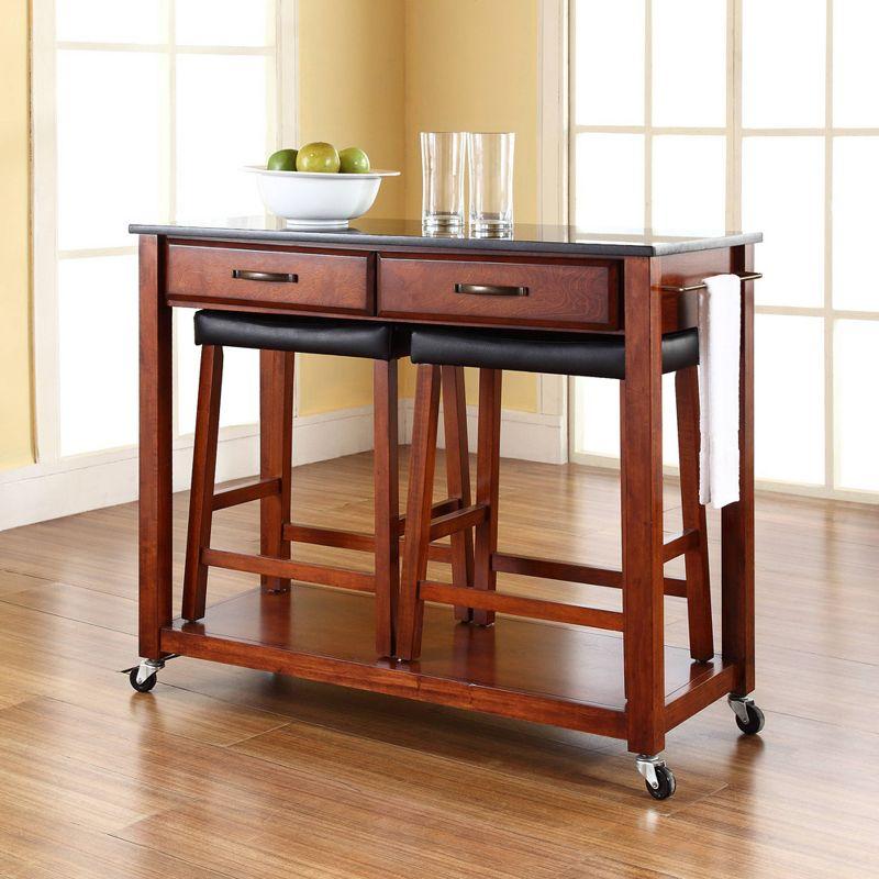 Cherry Finish Granite Top Kitchen Cart with Storage and Saddle Stools