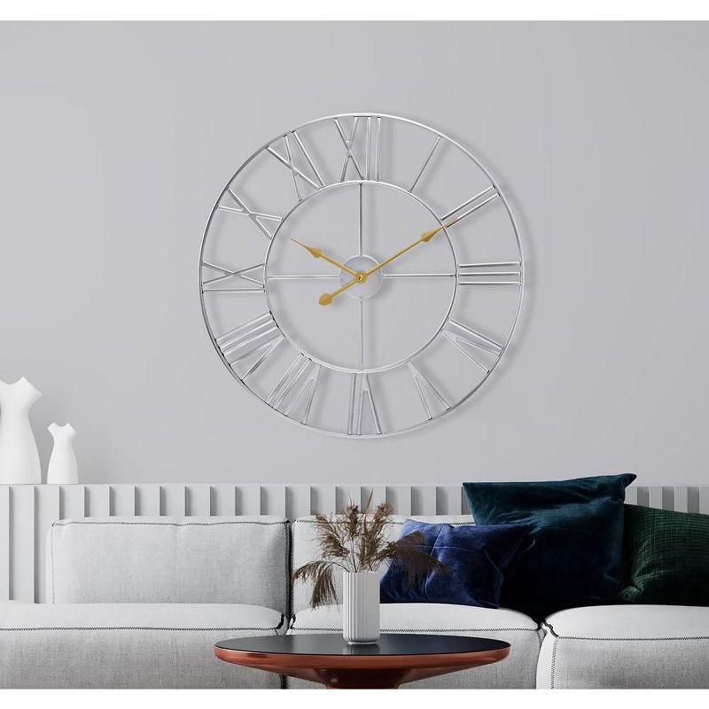 Oversized Silver Metal Roman Numeral Wall Clock