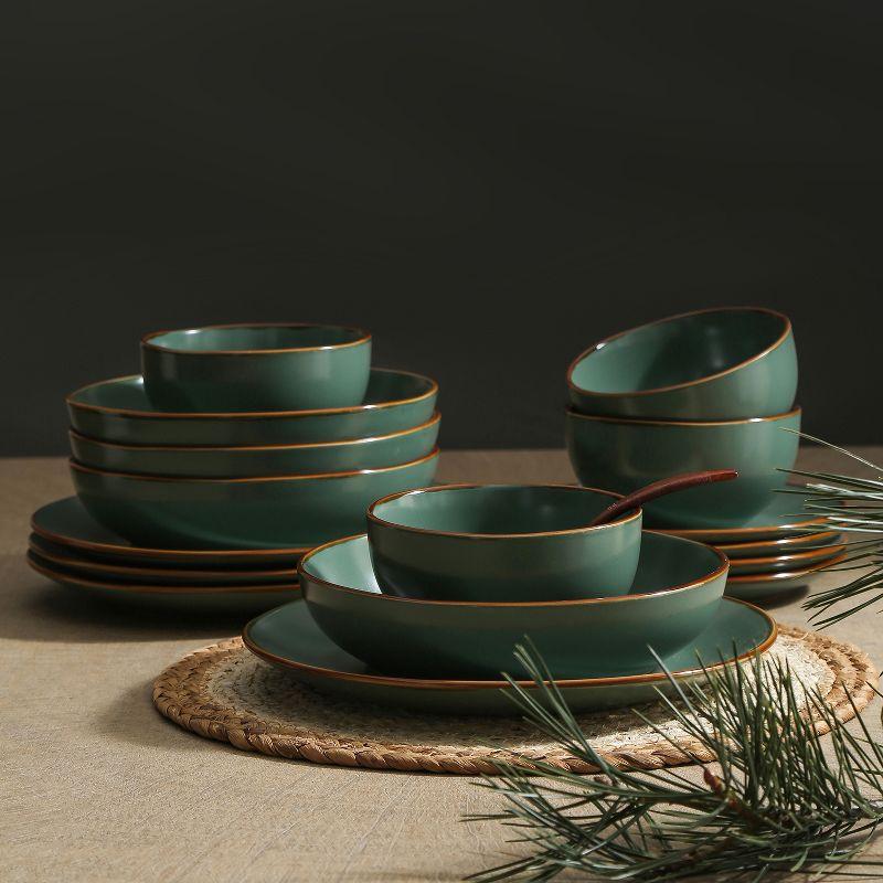 Green Ceramic 16-Piece Dinnerware Set with Brown Edged Borders