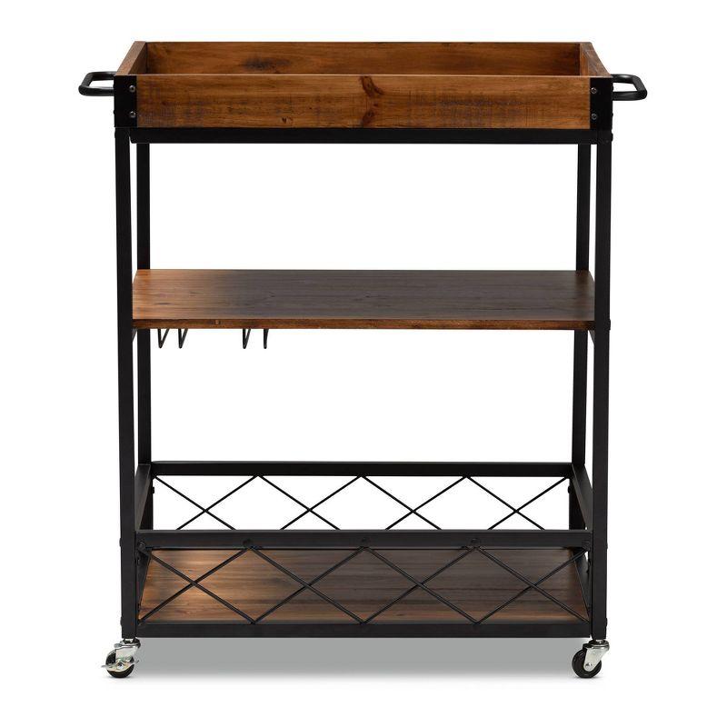 Livi Homes Paloma Mobile Metal Bar Cart with Stemware Rack in Vintage Rustic Industrial Oak Brown and Black