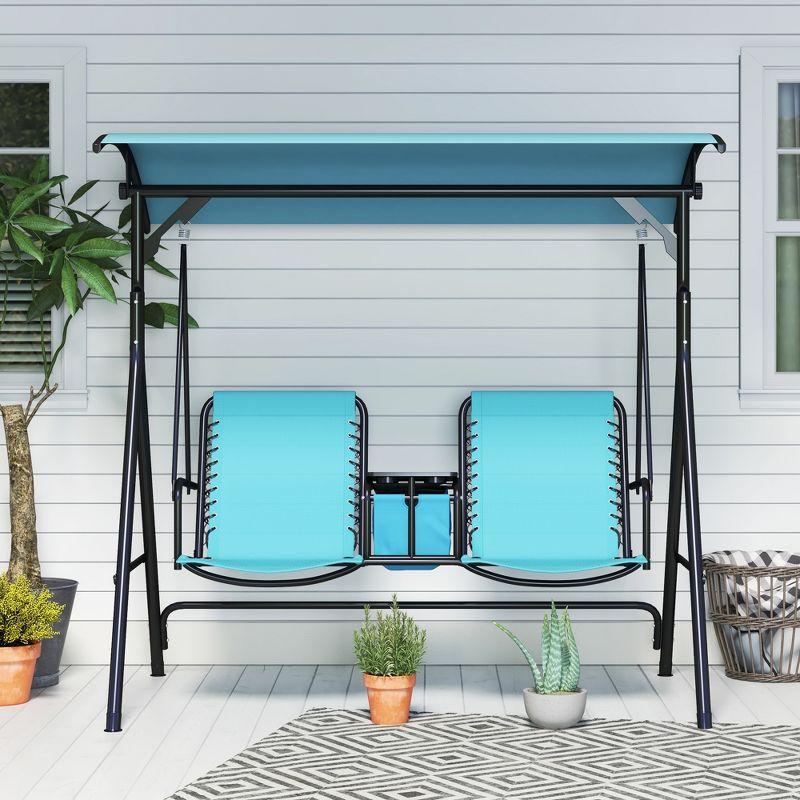 Outsunny 2 Person Porch Swing with Canopy, Covered Patio Swing with Pivot Storage Table, Cup Holder, & Adjustable Overhead Canopy, Blue