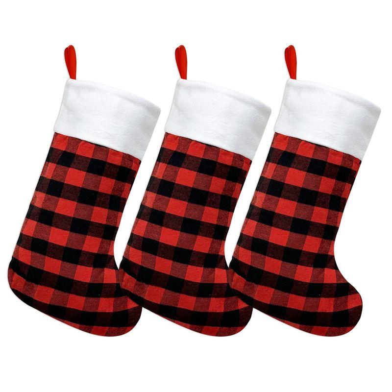 Set of 3 Red Buffalo Plaid Christmas Stockings with White Plush Cuff