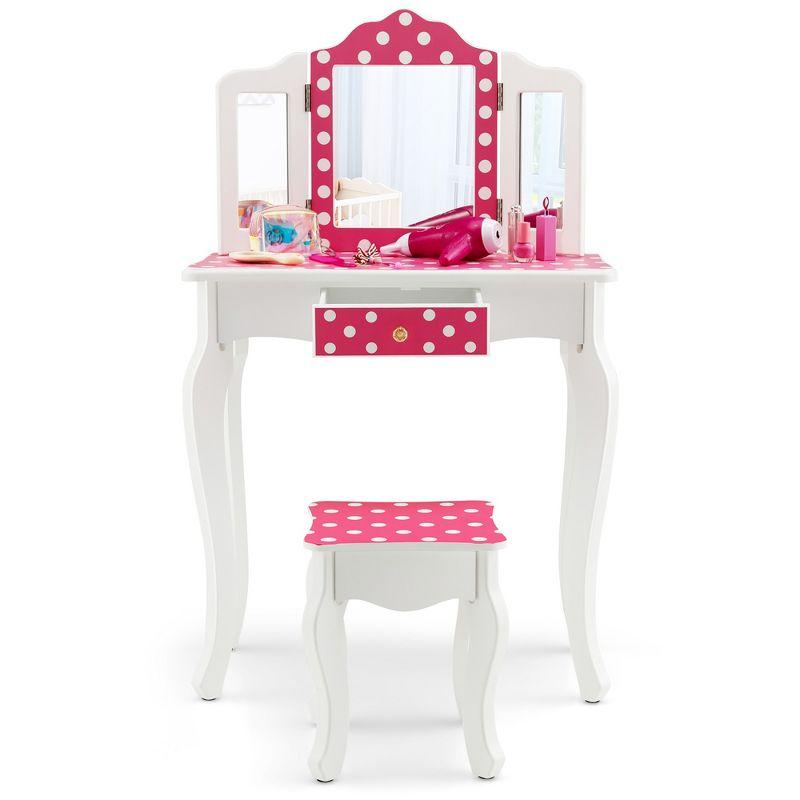 Costway Kid Vanity Set Wooden Makeup Table Stool Tri-Folding Mirror Polka Dot Print Pink