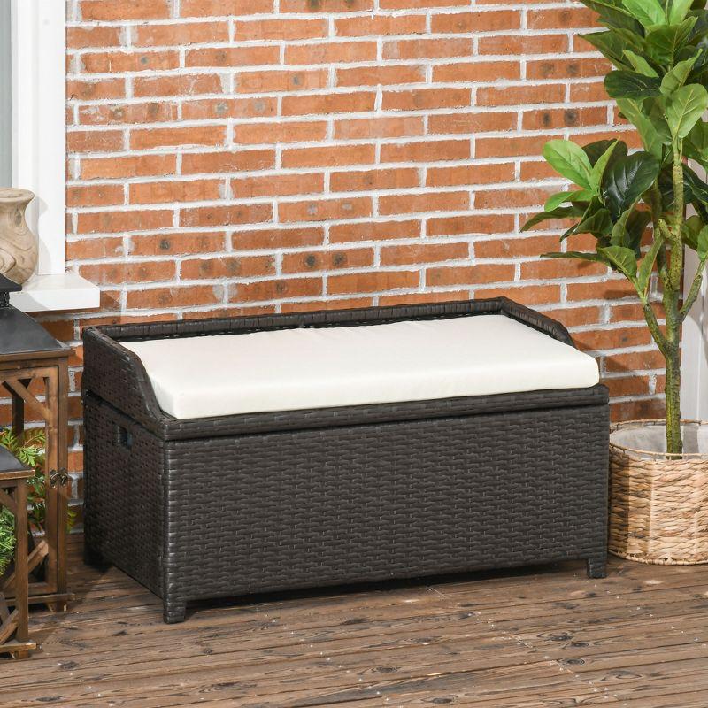 Outsunny Storage Bench Rattan Wicker Garden Deck Box Bin with Interior Waterproof Cloth Bag and Comfortable Cushion, White