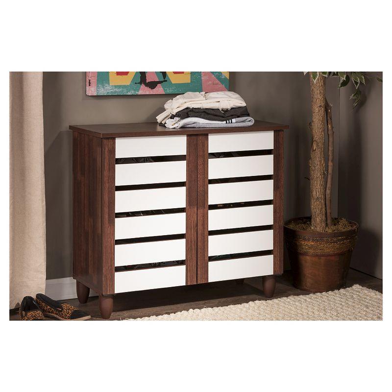 Gisela Two-Tone Shoe Cabinet with 2 Doors Oak/White - Baxton Studio: Modern Design, 3 Shelves, Vinyl Legs