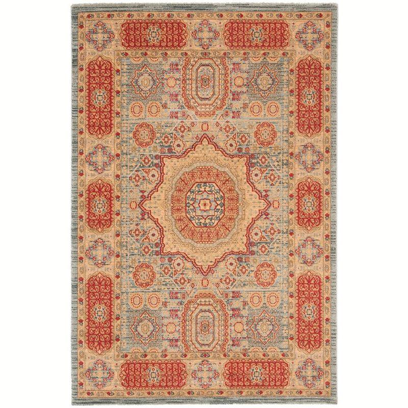 Red and Beige Rectangular Synthetic Area Rug