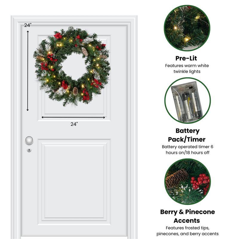 Sullivans 24 Inch Pre-lit Berry Pine Christmas Wreath Decorated with Pinecones, Light Flocking, and Warm White Twinkle Lights