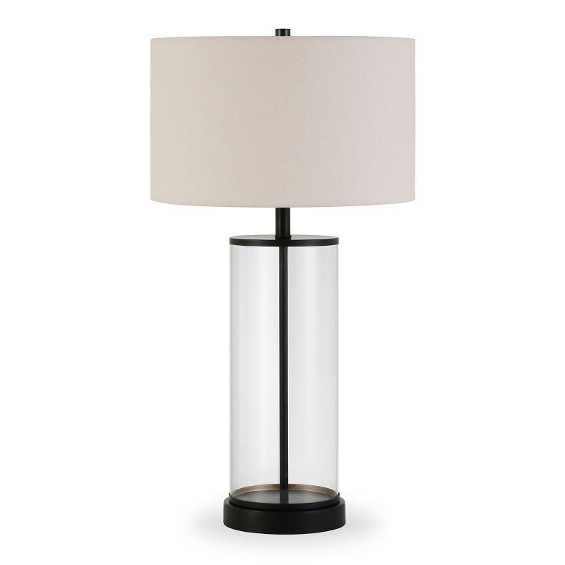 Blackened Bronze and Glass Cylinder Table Lamp with Linen Shade