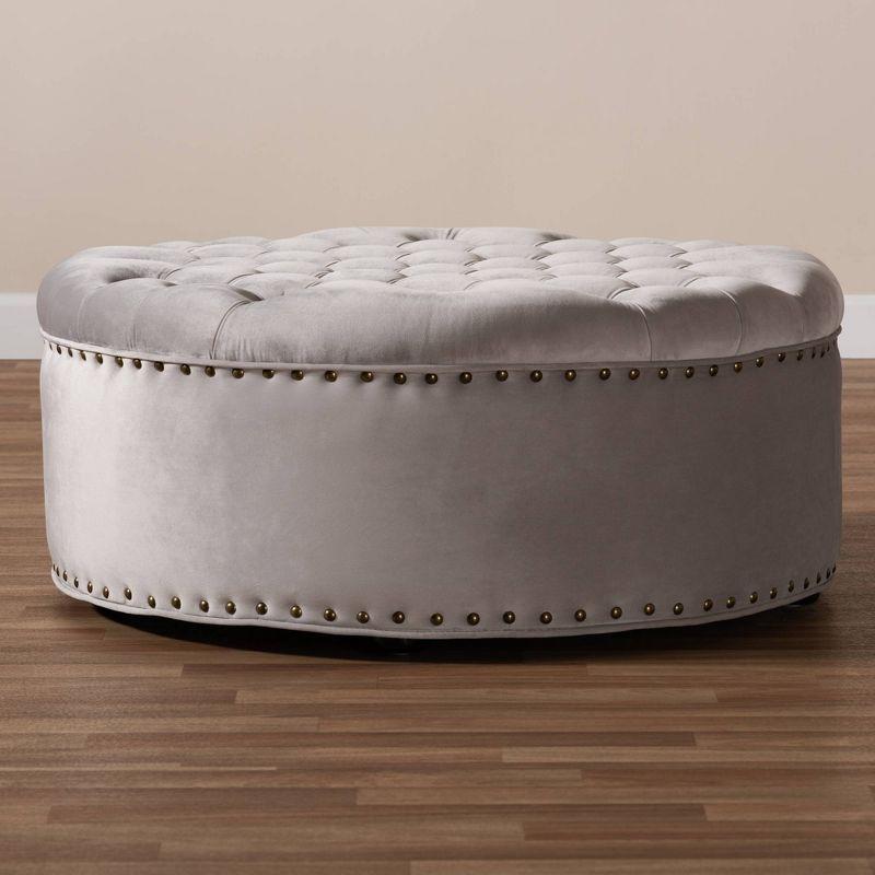 Baxton Studio Iglehart Velvet Tufted Cocktail Ottoman Gray: Eucalyptus Frame, Brass Tacks, Black Legs