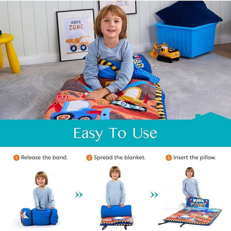 Joyfy Construction Scenes Toddler Nap Mat with Pillow & Blanket- 55''*30'' for Kids Ages 3-7 Years - Kids Roll Up Nap Mat for Preschool & Sleepovers