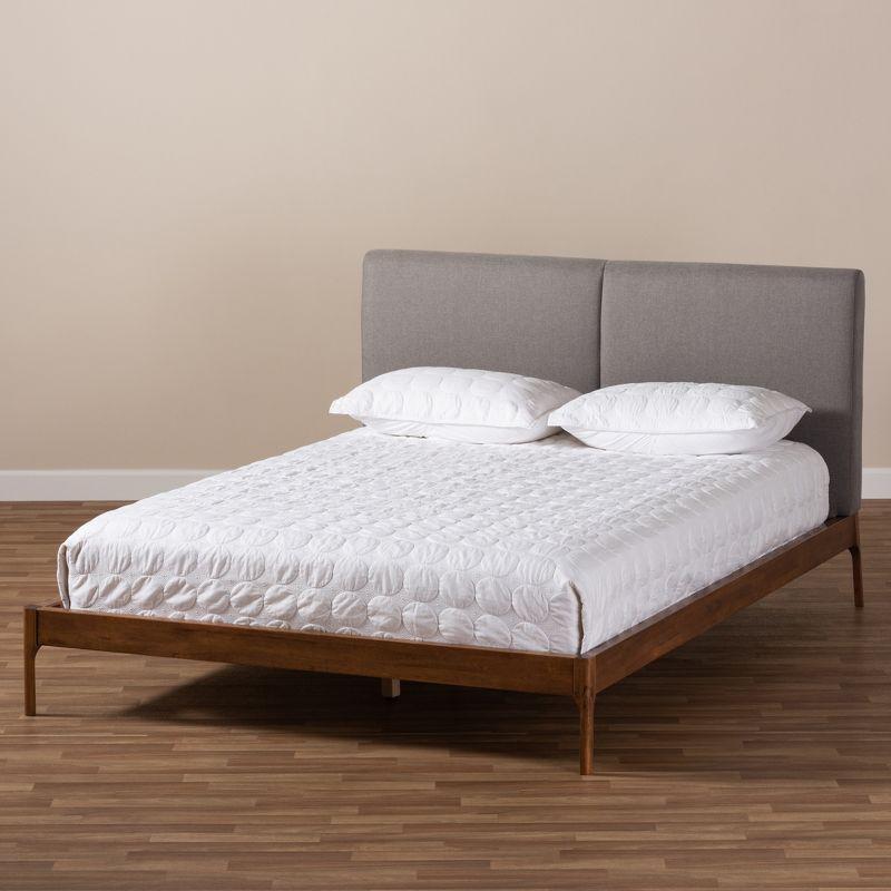 Walnut and Grey Upholstered Queen Platform Bed with Headboard