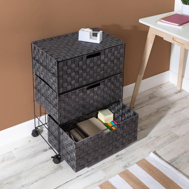 Black and White Woven 3-Drawer Rolling Storage Chest