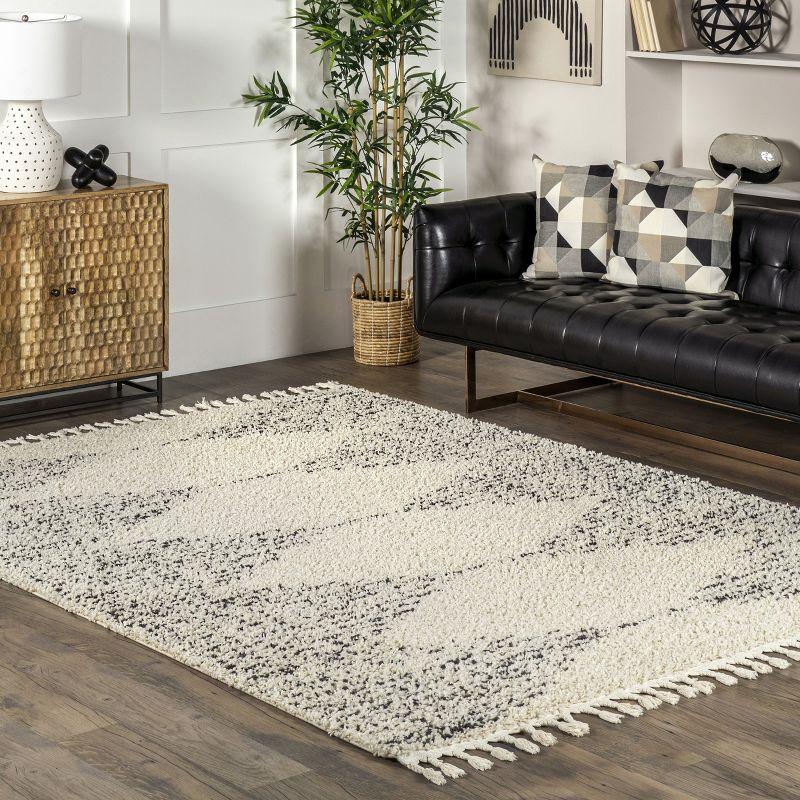 Off-White Synthetic Square Shag Rug with Braided Tassels