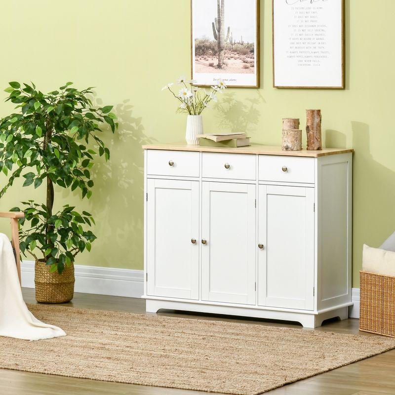 HOMCOM Kitchen Storage Cabinet, Sideboard Floor Cupboard with Solid Wood Top, Adjustable Shelf, and 3 Drawers for Living Room