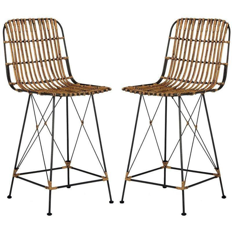 Minerva Wicker Counter Stool (Set of 2)  - WIK6509 - Natural Brown Wash/Black - Safavieh