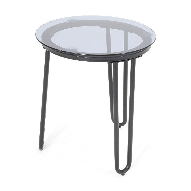 GDFStudio San Marco Outdoor Iron and Tempered Glass Side Table, Black