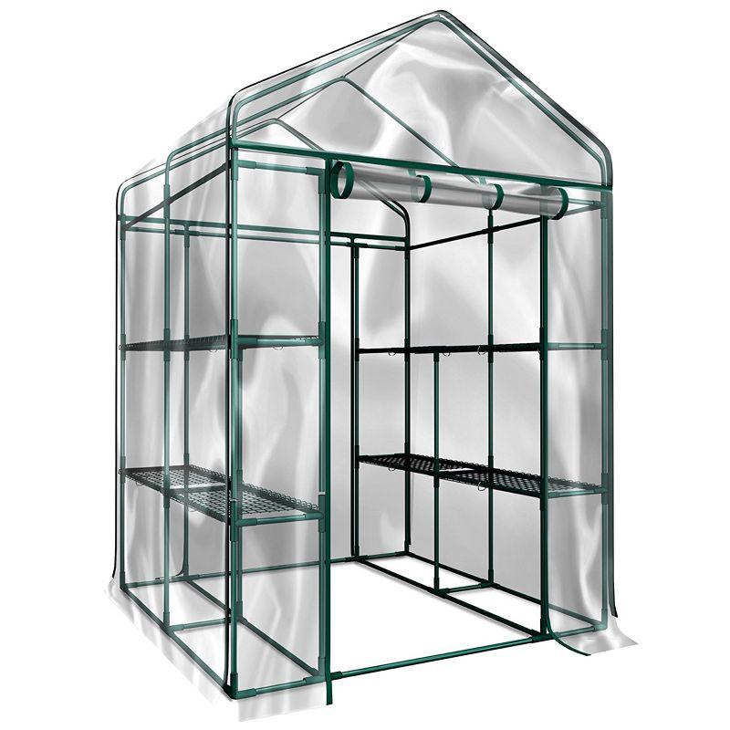 Clear PVC Walk-In Greenhouse with 8 Shelves and Steel Frame