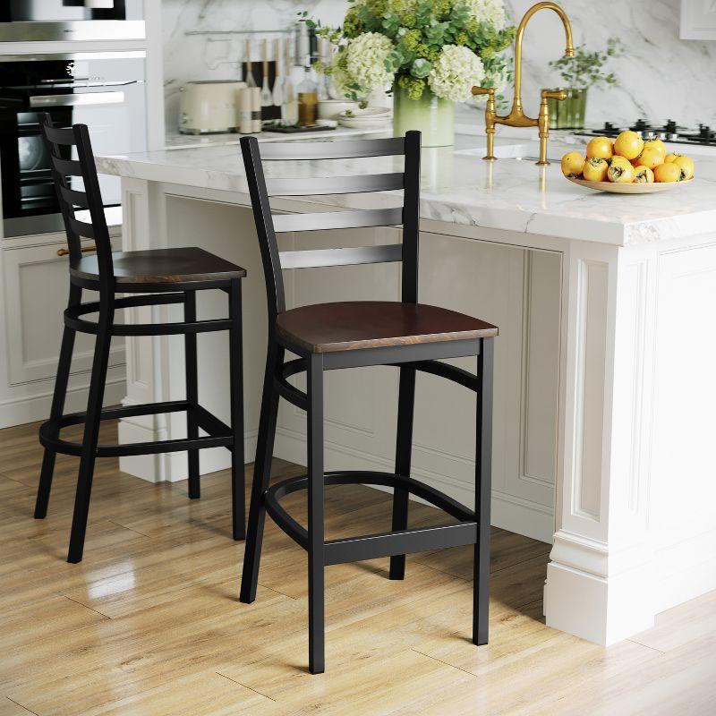 Flash Furniture HERCULES Series Black Ladder Back Metal Restaurant Barstool - Mahogany Wood Seat