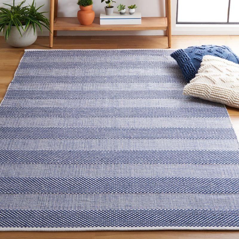 Ivory and Blue Striped Wool Cotton Area Rug