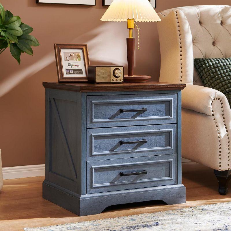 SinCiDo 24" Wide Farmhouse Nightstand with Charging Station & 3 Drawers & Handles, End Table for Bedroom, Living Room, Blue