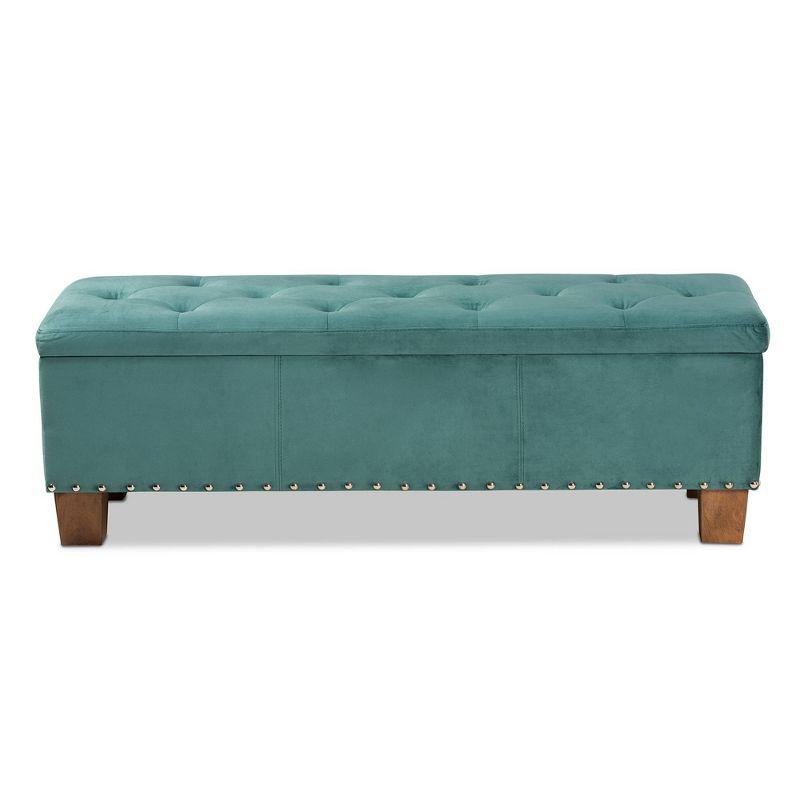 Teal Velvet Tufted Storage Bench with Walnut Legs