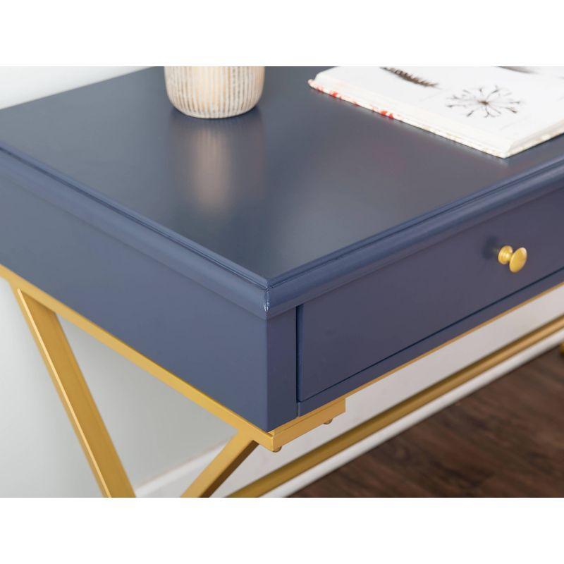 Campaign 2 Drawer Desk Blue/Gold - Linon: Matte Gold Legs, MDF, Metal Hardware