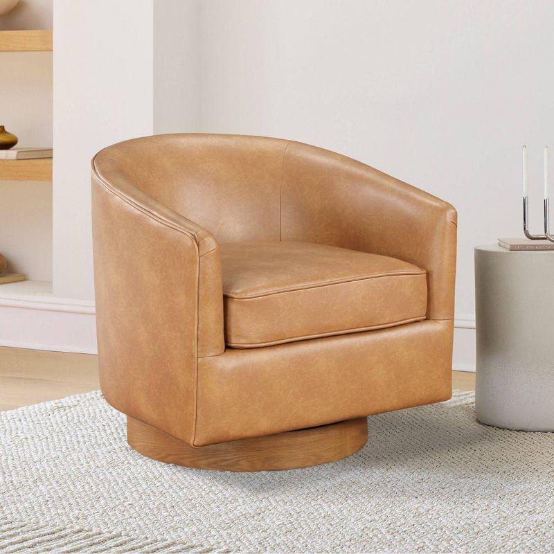 Comfort Pointe Irving Faux Leather Wood Base Barrel Swivel Accent Chair