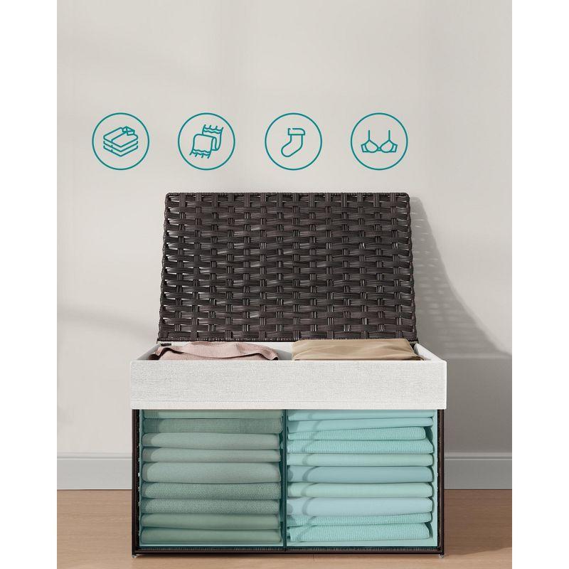 SONGMICS Storage Basket with Lid, 27.7 Gallon (105L) Storage Bin, Woven Blanket Storage Basket with Handles, Foldable, Removable Liner Brown
