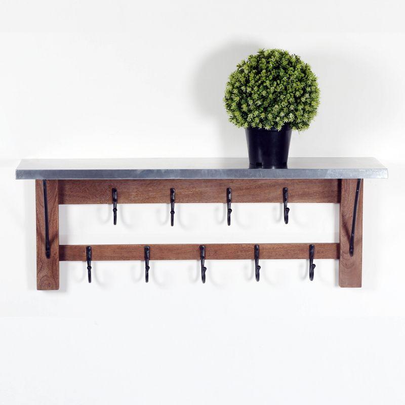 Millwork Double Row Hook Shelf Wood and Zinc Metal Silver/Light Amber - Alaterre Furniture: Mango Wood, 9-Hook Storage Rack