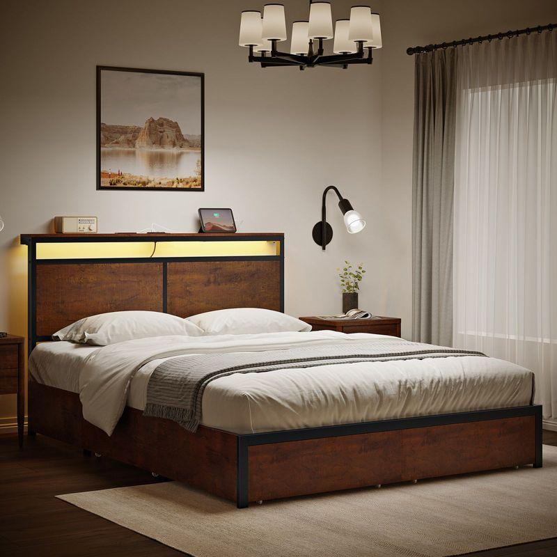 Hausource Modern Queen Bed Frame with LED Headboard, 4 Storage Drawers, No Box Spring Needed