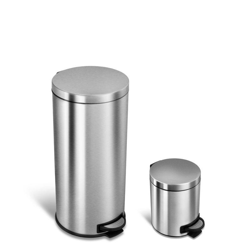 Silver Stainless Steel Round Pedal Trash Can Set