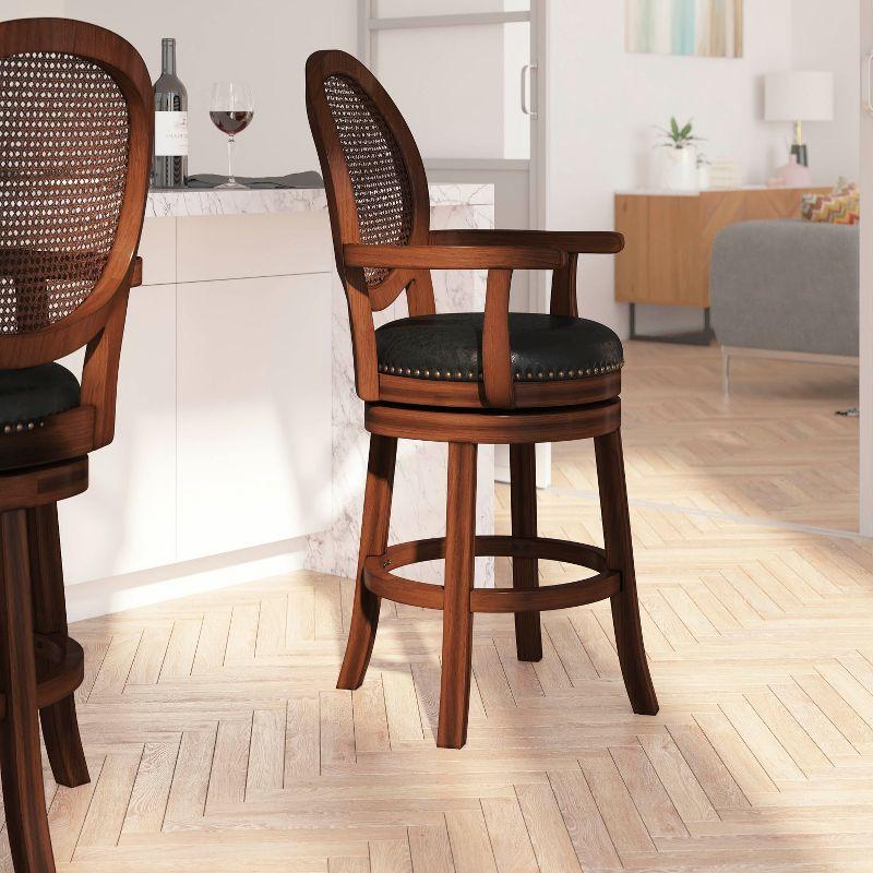 Espresso Swivel Counter Stool with Black Faux Leather and Rattan Back