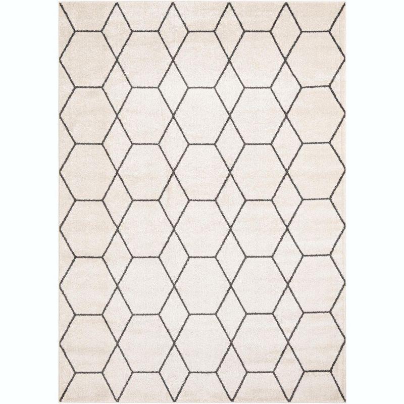 Ivory and Gray Trellis Synthetic Rectangular Area Rug