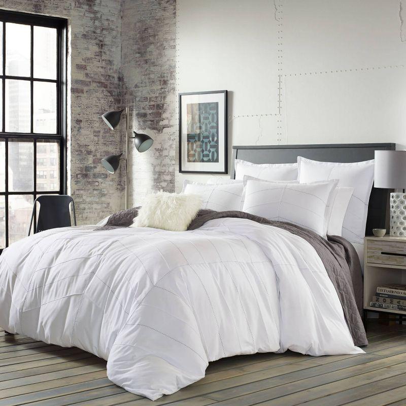 White Chevron Pintuck Full/Queen Duvet Cover Set