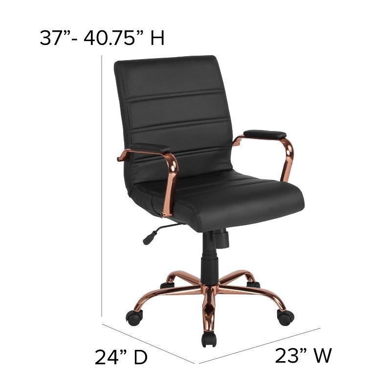 Emma and Oliver Mid-Back Black LeatherSoft Executive Swivel Office Chair - Rose Gold Frame/Arms