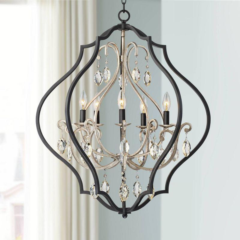 Elegant Black and Silver Cage Chandelier with Amber Crystal Accents