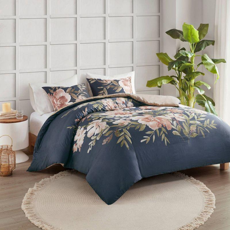 Camillia Navy Floral Cotton Full/Queen Duvet Cover Set