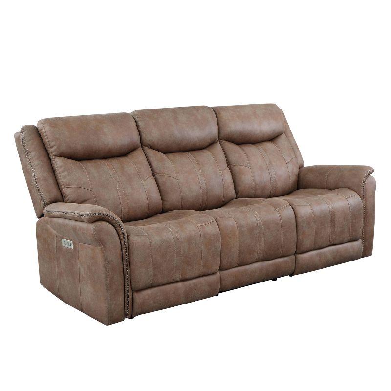 Camel Faux-Suede Power Reclining Sofa with Nailhead Trim