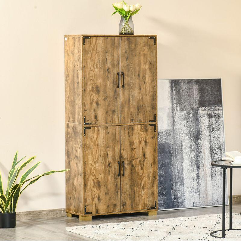 HOMCOM Industrial Style 4-Door Cabinet Pantry Cupboard with Storage Shelves for Bedroom and Living Room, Rustic Wood