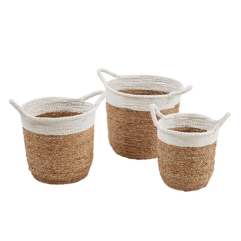 Rustic Beige and White Woven Pandanus Storage Baskets, Set of 3